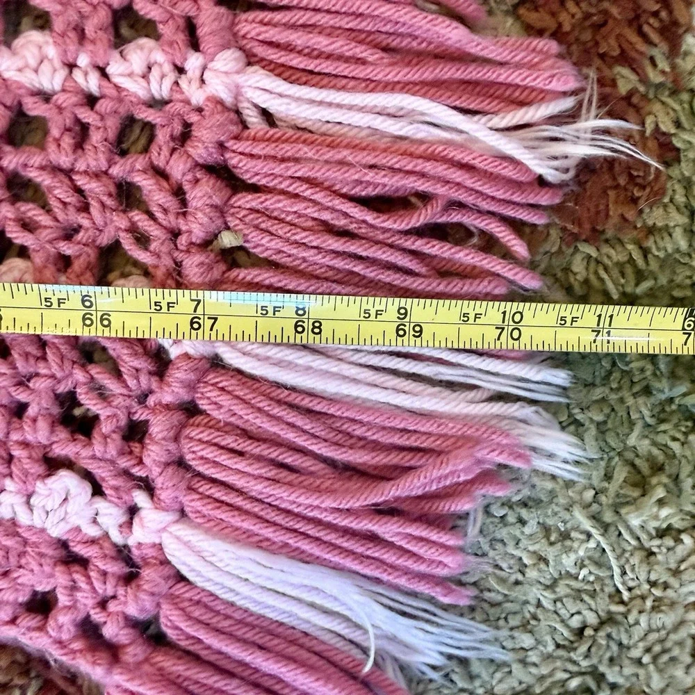VTG Pink Stripe Tassel Crochet Afghan‎ Throw Blanket 70x41